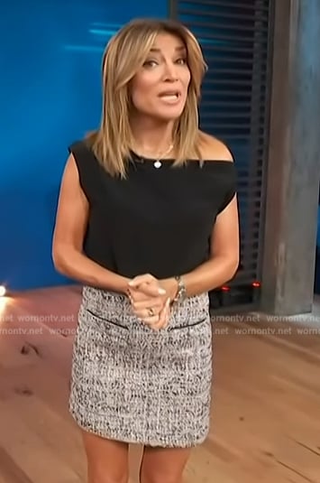 Kit’s one shoulder top and tweed mini skirt on Access Hollywood