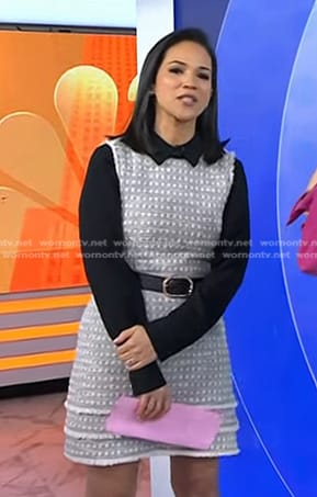 Laura’s grey tie waist tweed dress on Today