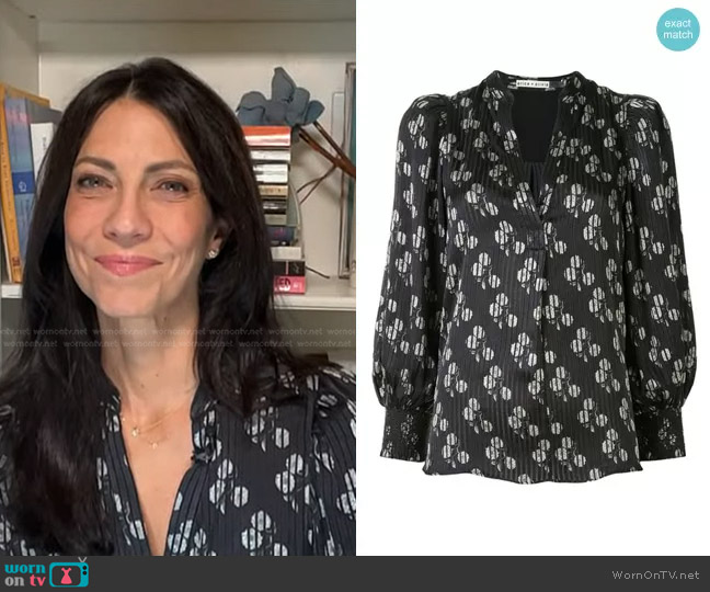 Alice + Olivia Shelia Abstract Floral Blouse in Black Cream worn by Dr. Natalie Azar on NBC News Daily