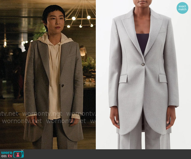 Loewe Longline single-breasted wool blazer worn by Stella Bak (Greta Lee) on The Morning Show