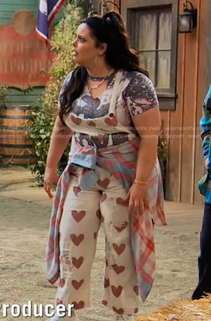 Lou’s white heart print overalls on Bunkd