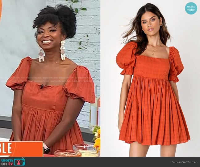 Lulus A Day in Paris Orange Square Neck Puff Sleeve Babydoll Dress worn by Jocelyn Delk Adams on Today