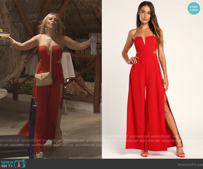 Lulus Make Your Statement Red Strapless Cutout Wide-Leg Jumpsuit worn by Tamra Judge on The Real Housewives of Orange County