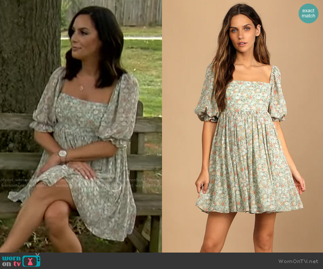 Lulu's Sweet Daydreams Puff Sleeve Mini Dress in Mint Floral Print worn by Ryann Hendrickson on Good Morning America
