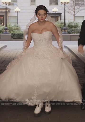 Mabel’s white lace wedding dress on Only Murders in the Building