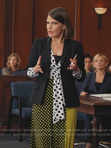 Maggie’s contrast polka dot tie neck dress on All Rise