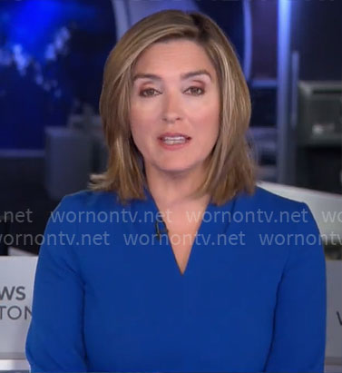 Margaret Brennan’s blue v-neck dress on CBS Mornings