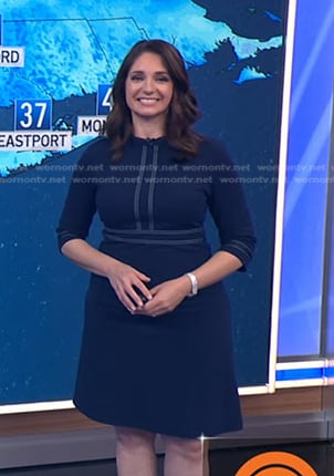 Maria’s navy dress with white stitching on Today