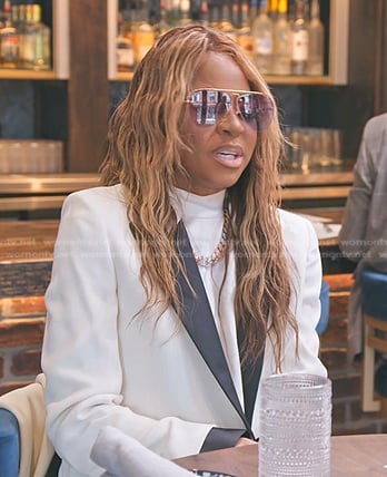 Mary’s white contrast lapel blazer on The Real Housewives of Salt Lake City