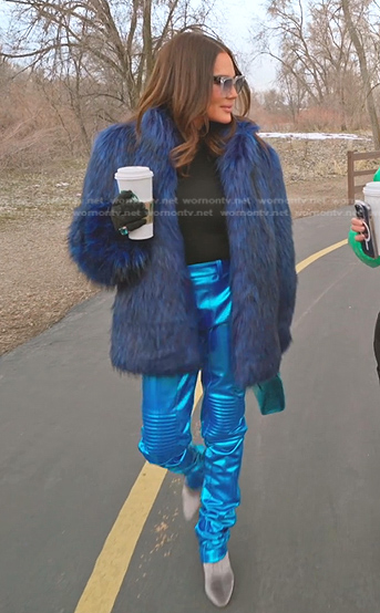 Meredith’s blue fur jacket and metallic pants on The Real Housewives of Salt Lake City