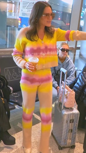Meredith’s beige tie dye cardigan and pants on The Real Housewives of Salt Lake City