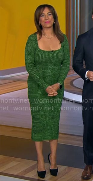 Michelle Miller’s green marled knit midi dress on CBS Mornings