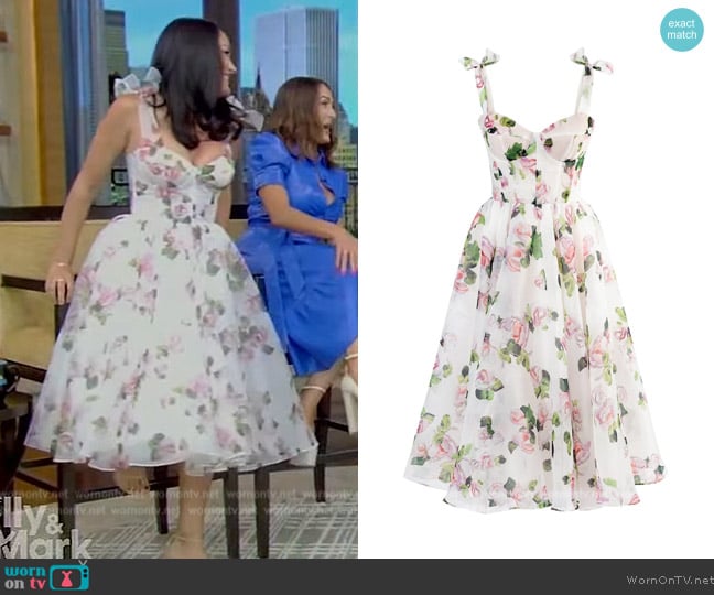 Milla Tender floral midi tie-strap dress worn by Brie Garcia on Live with Kelly and Mark