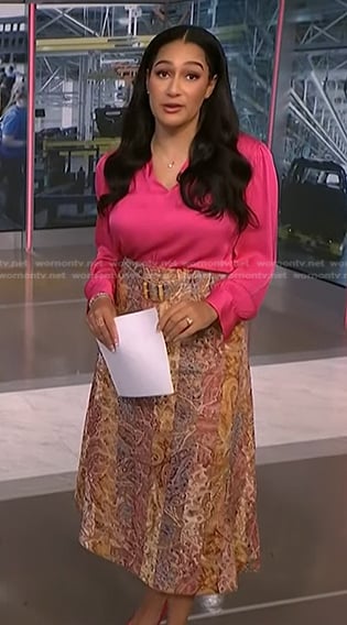 Morgan’s pink blouse and paisley print skirt on NBC News Daily