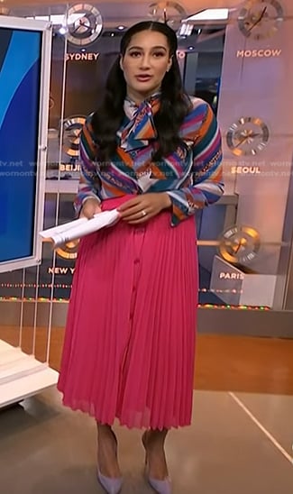 Morgan’s striped blouse and pink pleated skirt on NBC News Daily