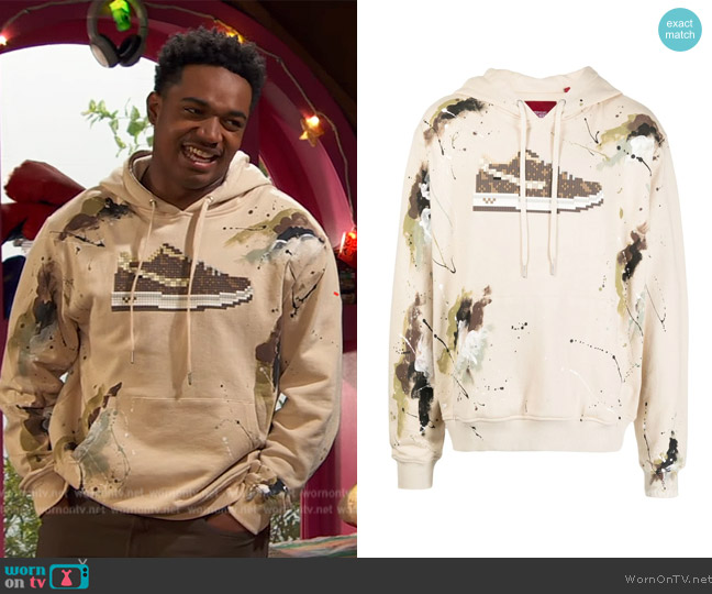 Mostly Heard Rarely Seen 8-Bit Sneaker-print long-sleeve hoodie worn by Booker Baxter (Issac Ryan Brown) on Ravens Home