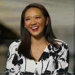 Nancy Chen’s white and black floral dress on CBS Evening News