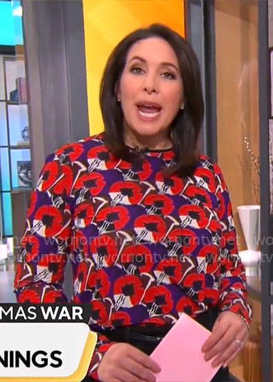 Nancy Cordes’ red floral top on CBS Mornings