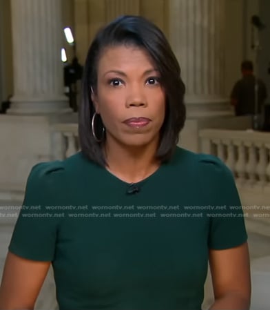 Nikole Killion’s green short sleeve dress on CBS Evening News