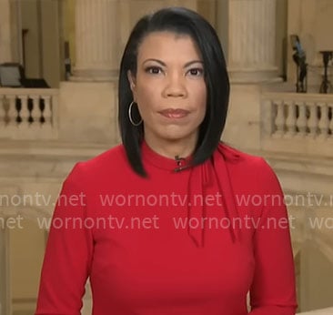Nikole Killion’s red tie neck shift dress on CBS Mornings