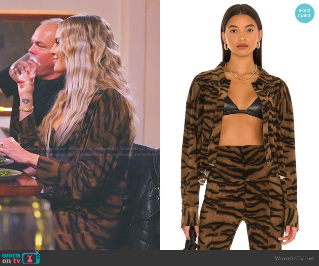 Norma Kamali Cropped Oversized Boyfriend NK Shirt in Brown Tiger worn by Whitney Rose on The Real Housewives of Salt Lake City
