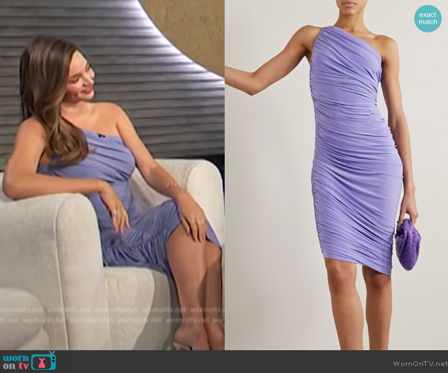 Norma Kamali Diana one-shoulder asymmetric ruched stretch-jersey dress worn by Miranda Kerr on E! News