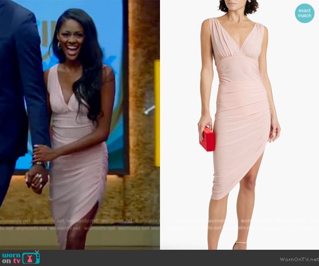 Norma Kamali Tara asymmetric ruched stretch-jersey dress worn by Charity Lawson on Live with Kelly and Mark