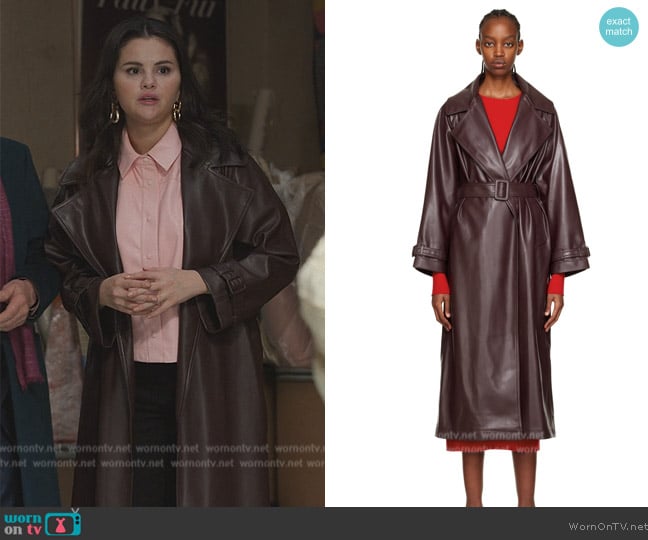 Alice and Olivia Elicia Strong-Shoulder Vegan Leather Trench Coat worn by Mabel Mora (Selena Gomez) on Only Murders in the Building
