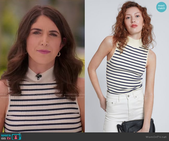 & Other Stories Sleeveless Mock Neck Ribbed Top in Black/White Striped worn by Liz Kreutz on NBC News Daily
