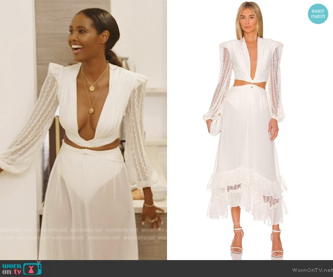 PatBO Plunge Lace Sleeve Maxi Dress worn by Ubah Hassan on The Real Housewives of New York City