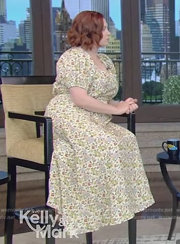 Rachel Bloom’s floral print midi dress on Live with Kelly and Mark