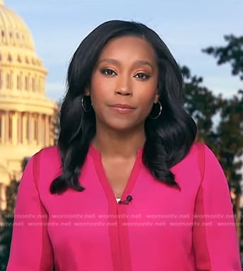 Rachel’s pink contrast trim blouse on Good Morning America