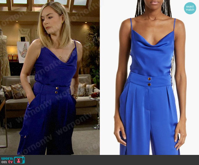Ramy Brook Abigail Cowl Neck Camisole in Cabana Blue worn by Hope Logan (Annika Noelle) on The Bold and the Beautiful