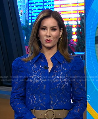 Rebecca’s blue lace blouse and belted skirt on Good Morning America