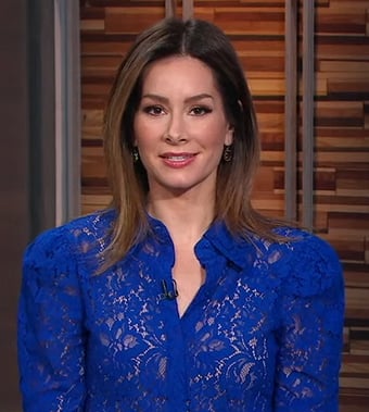 Rebecca’s blue lace blouse and belted skirt on Good Morning America