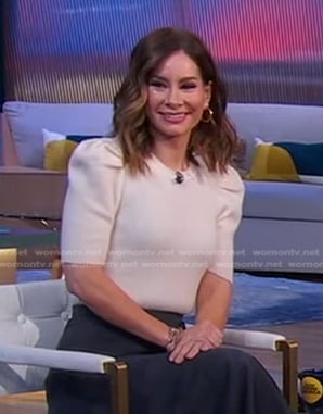 Rebecca’s white ribbed puff sleeve sweater on Good Morning America
