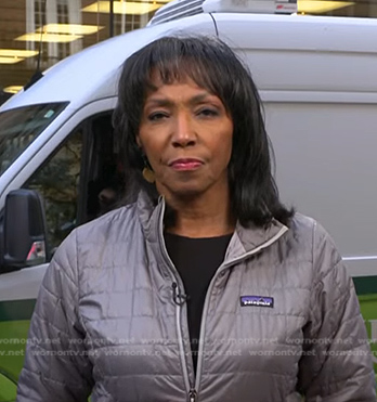 Rehema Ellis’s grey quilted jacket on NBC News Daily