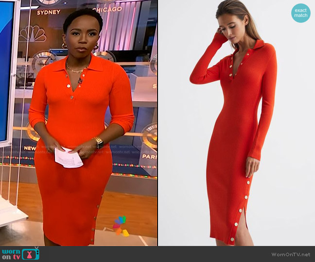 Reiss Rita Rib-Knit Snap Midi-Dress worn by Zinhle Essamuah on NBC News Daily