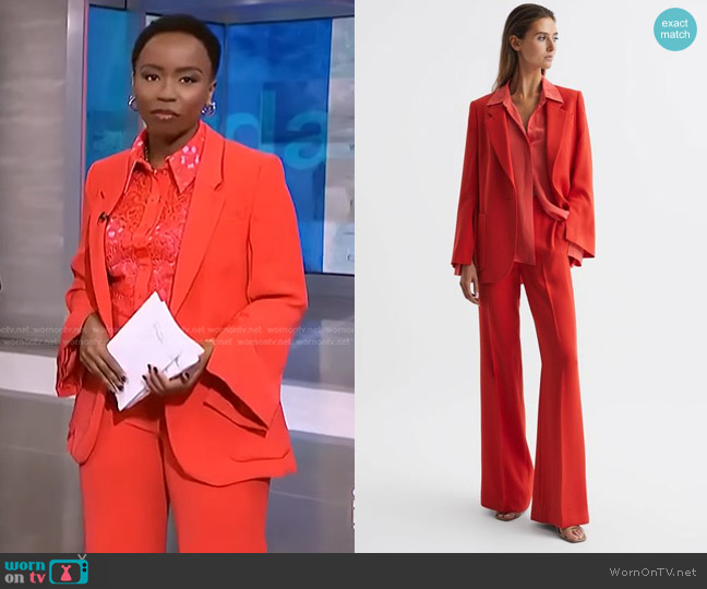Reiss Maia Blazer in Coral worn by Zinhle Essamuah on NBC News Daily