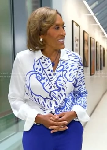Robin’s white and blue print shirt on Good Morning America