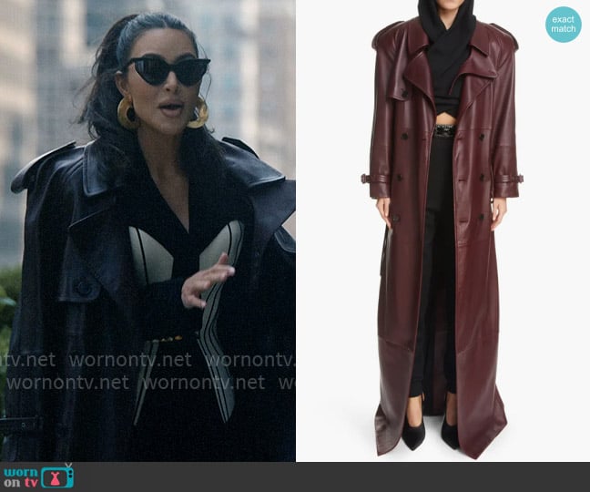 Saint Laurent Classic Plunge Long Leather Trench Coat worn by Siobhan Corbyn (Kim Kardashian) on American Horror Story