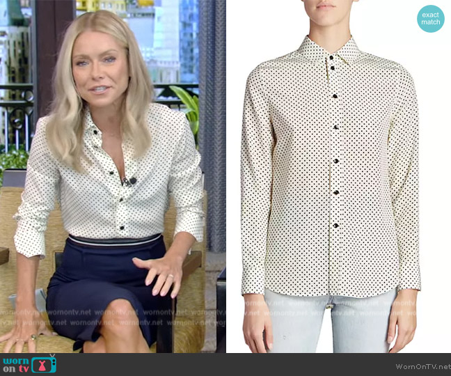 Saint Laurent Classic Shirt In Dotted Crepe De Chine worn by Kelly Ripa on Live with Kelly and Mark