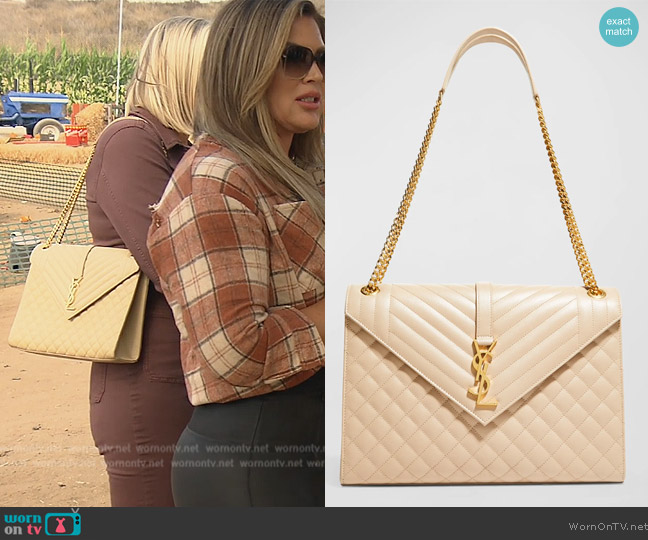 Saint Laurent Monogram YSL V-Flap Large Tri-Quilt Envelope Chain Shoulder Bag worn by Gina Kirschenheiter on The Real Housewives of Orange County