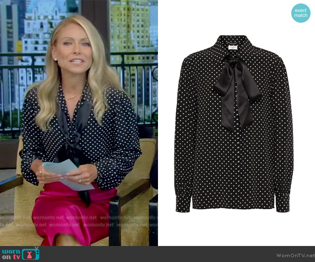 Saint Laurent Tie-Neck Polka-Dot Silk Blouse worn by Kelly Ripa on Live with Kelly and Mark