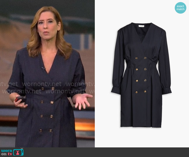 Sandro Double-breasted pinstriped twill mini dress worn by Stephanie Abrams on CBS Mornings