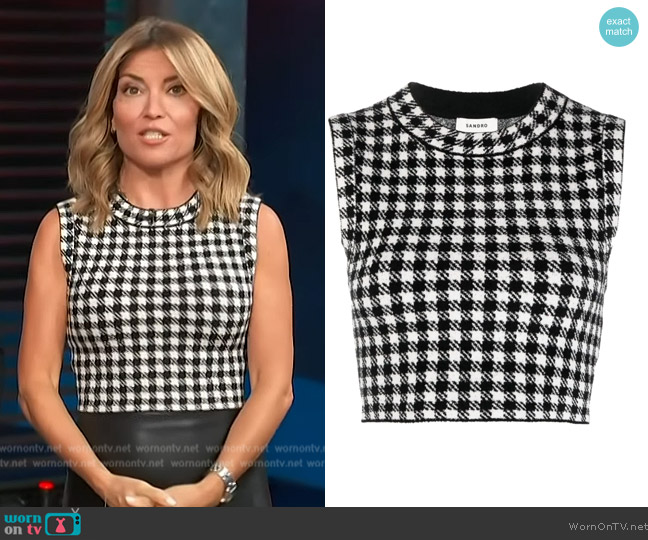 Sandro Houndstooth-pattern sleeveless knitted top worn by Kit Hoover on Access Hollywood