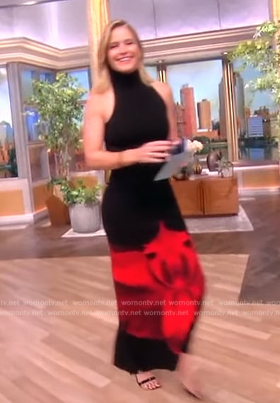 Sara’s black and red floral sleeveless dress on The View