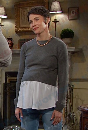 Sarah’s grey mixed media maternity sweater on Days of our Lives