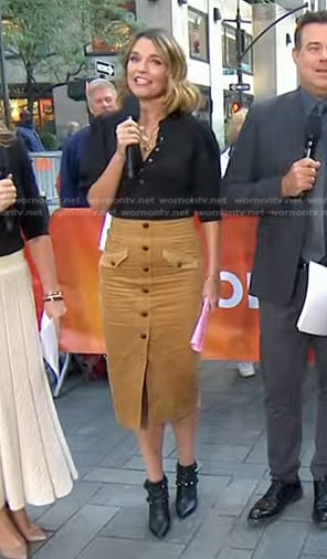 Savannah’s black top and beige corduroy skirt on Today