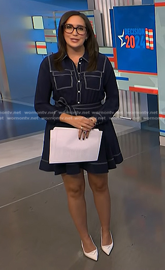 Savannah’s navy tie waist dress with white stitching on NBC News Daily